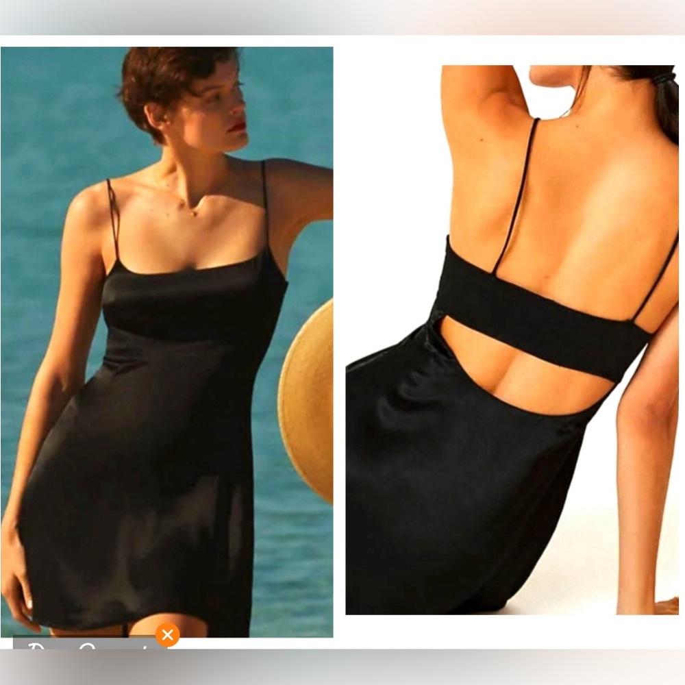 Anthropologie Black Satin Cut Out Back Slip Dress Size 2